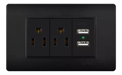 UNIF TOMA + TOMA DOBLE USB NEGRO POLICARBONATO